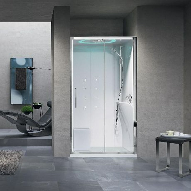 Dampfdusche Novellini EON 2P mit Schiebetür und Fixteil für Nischeneinbau – modernes Spa-Design mit Dampfsauna und Massagedüsen