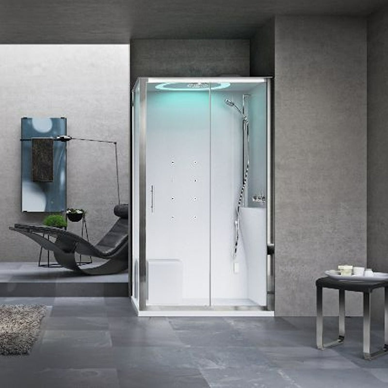 Dampfdusche Novellini EON 2P mit Schiebetür und Seitenwand in moderner Eckmontage – integrierte Dampfsauna mit Kopfbrause und Massagedüsen in stilvollem Badezimmer